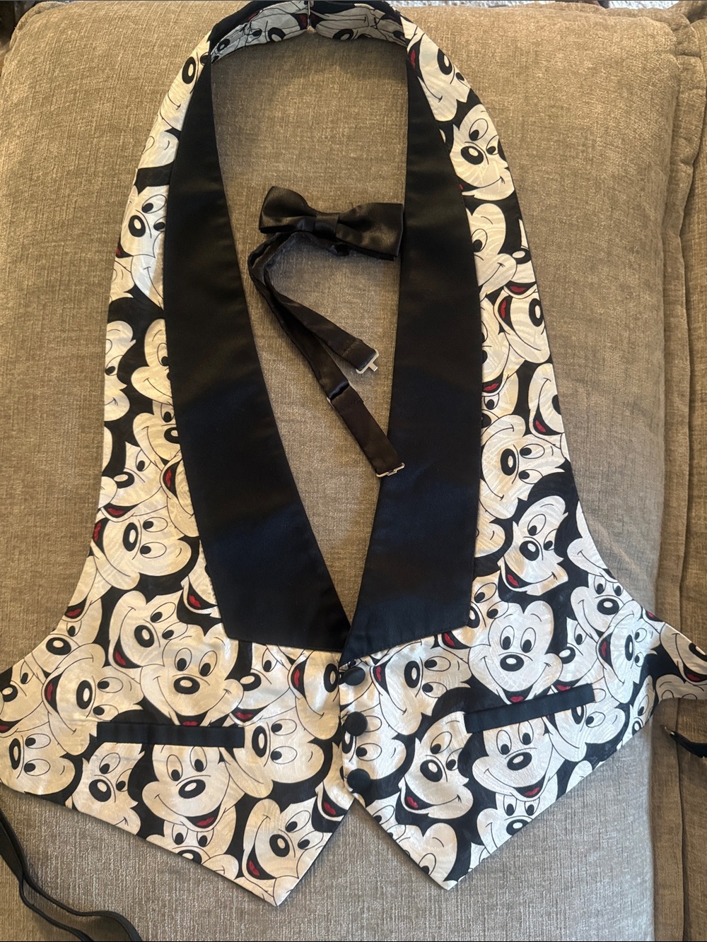 Vintage Mickey Mouse Black Satin Men's Vest with Bow Tie